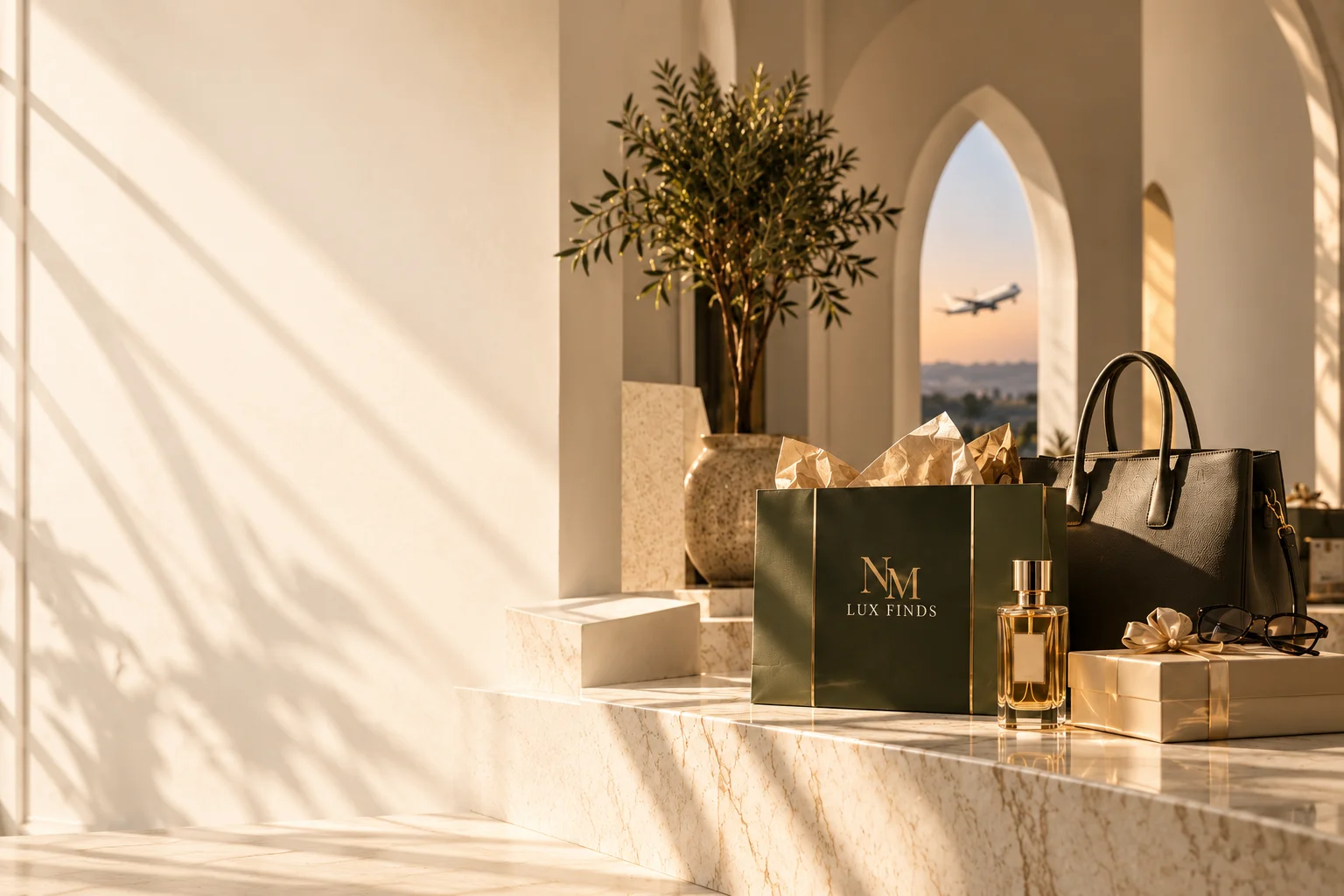 NM Lux Finds shopping bag, handbag, fragrance and gifts in a sunlit stone interior